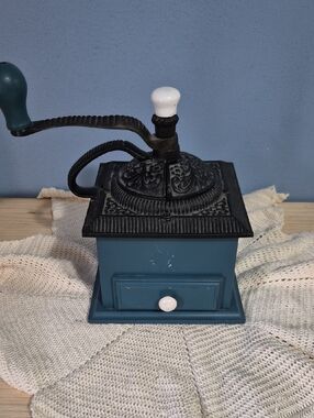 New Vintage Manual Coffee Grinder in Teal with Black Cast Top